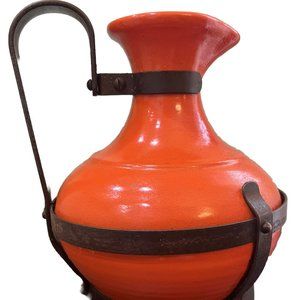 Vintage MCM Orange Pitcher Carafe W Metal Handle Holder